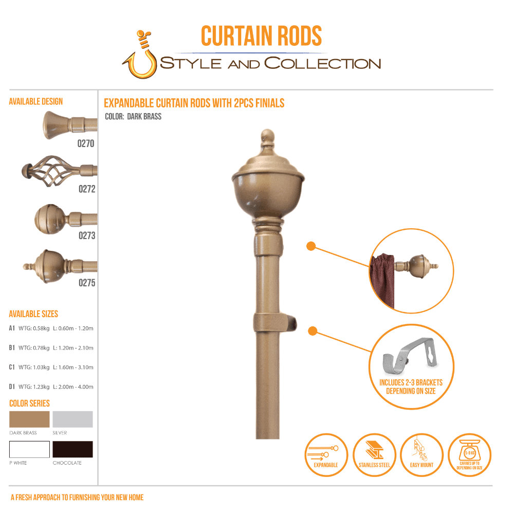 STYLE & COLLECTION Curtain Rod Single Painted Dark Brass 0.6m - 1.2m 19mm Alvin