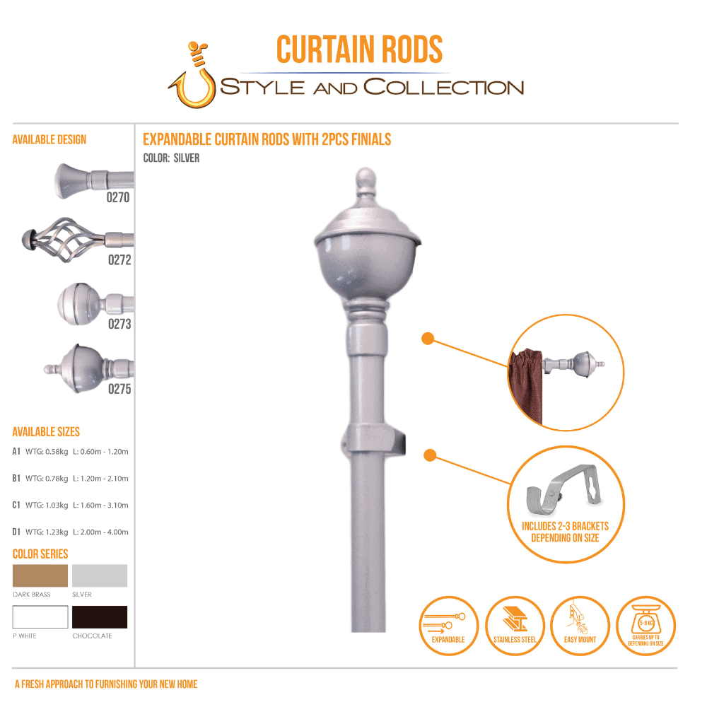 STYLE & COLLECTION Curtain Rod Single Painted Silver 1.2m - 2.1m 19mm Alvin