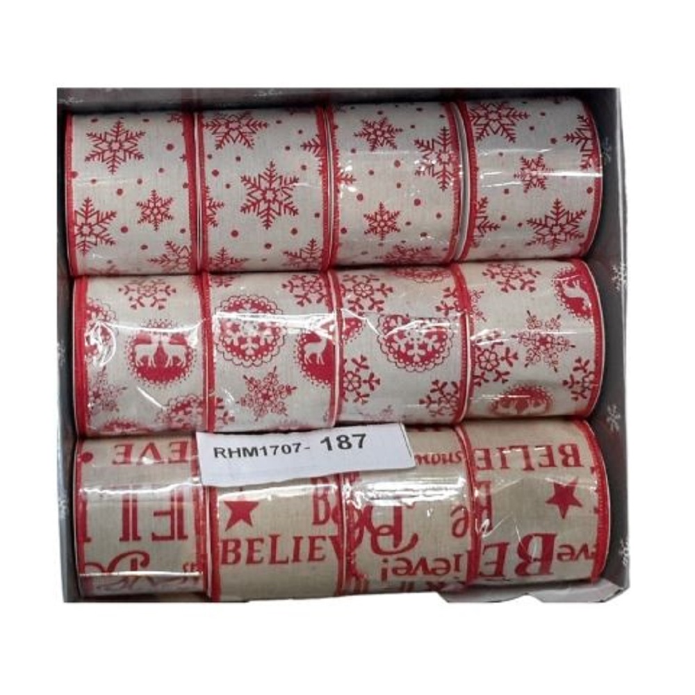 Random Design Printed Burlap Christmas Ribbon with Red Wired Linings