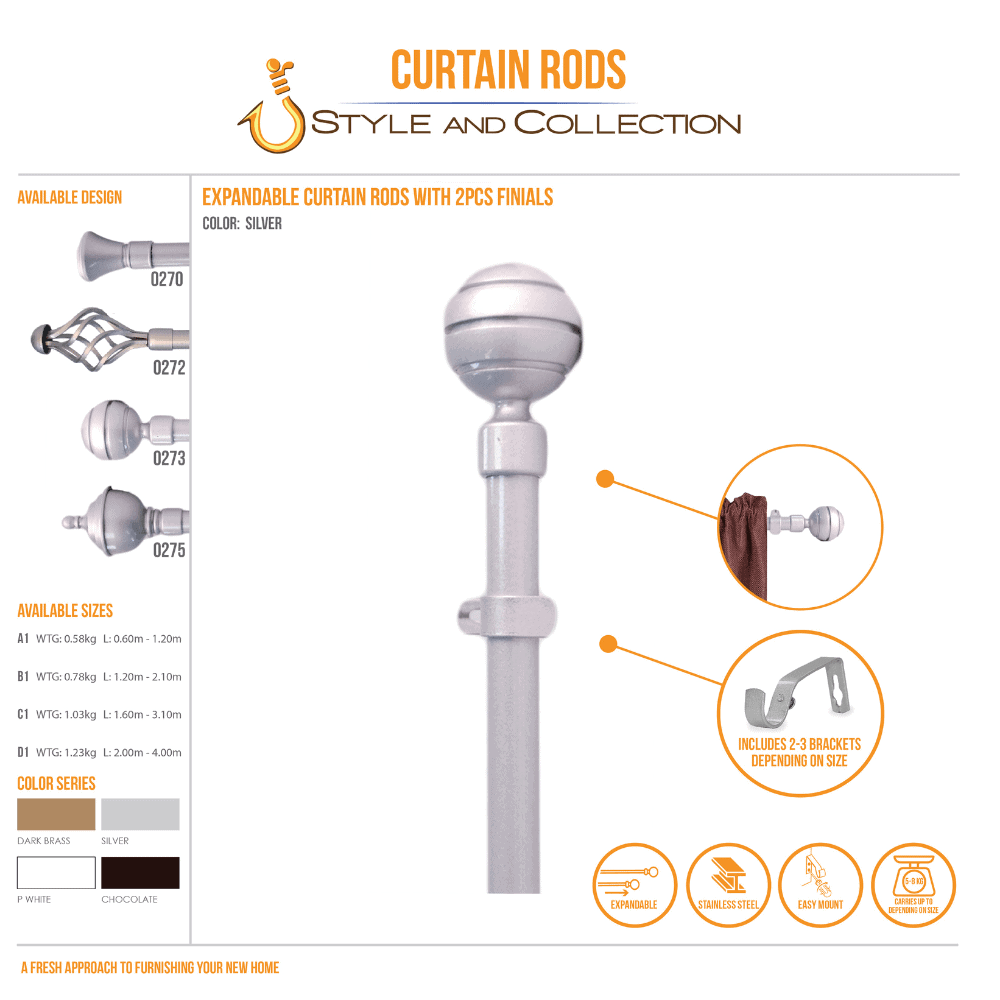 STYLE & COLLECTION Curtain Rod Single Painted Silver 0.6m - 1.2m With Round Head