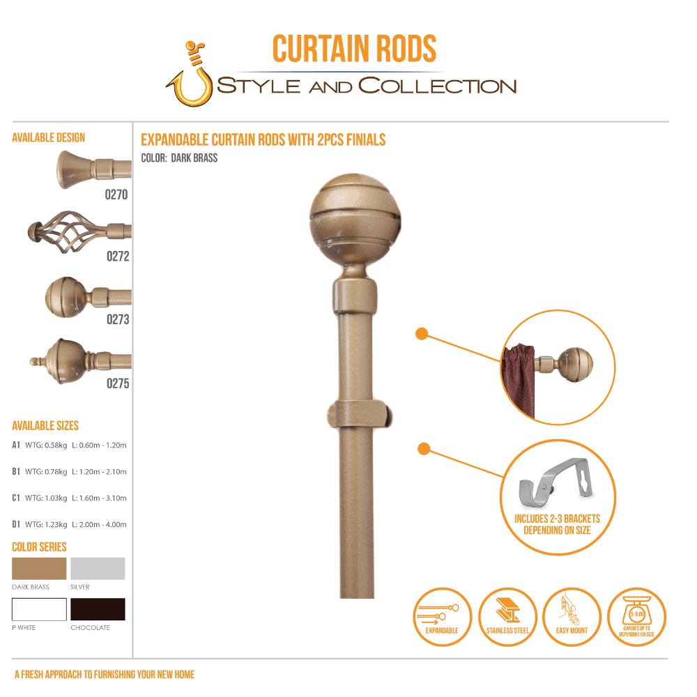 STYLE & COLLECTION Curtain Rod Single Painted Dark Brass 1.6m - 3.1m With Round Head