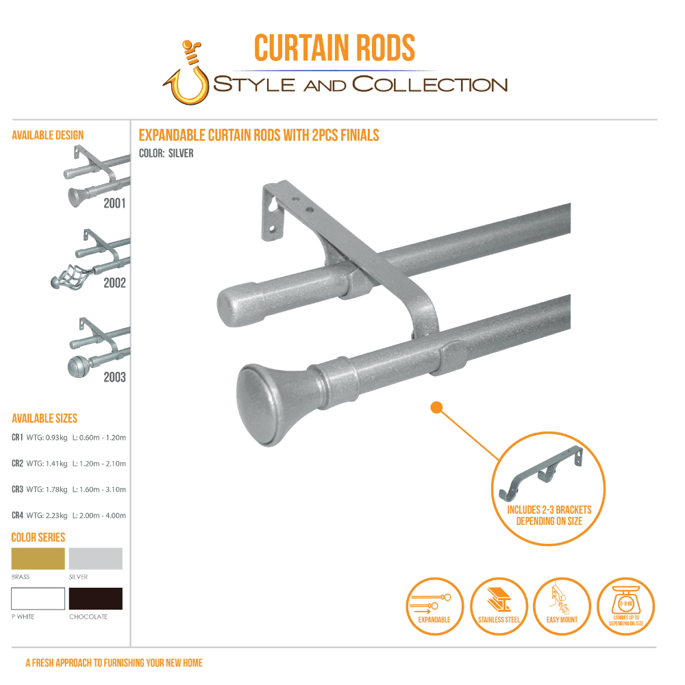 STYLE & COLLECTION Curtain Rod Double Painted Silver  0.6m - 1.2m Leslie