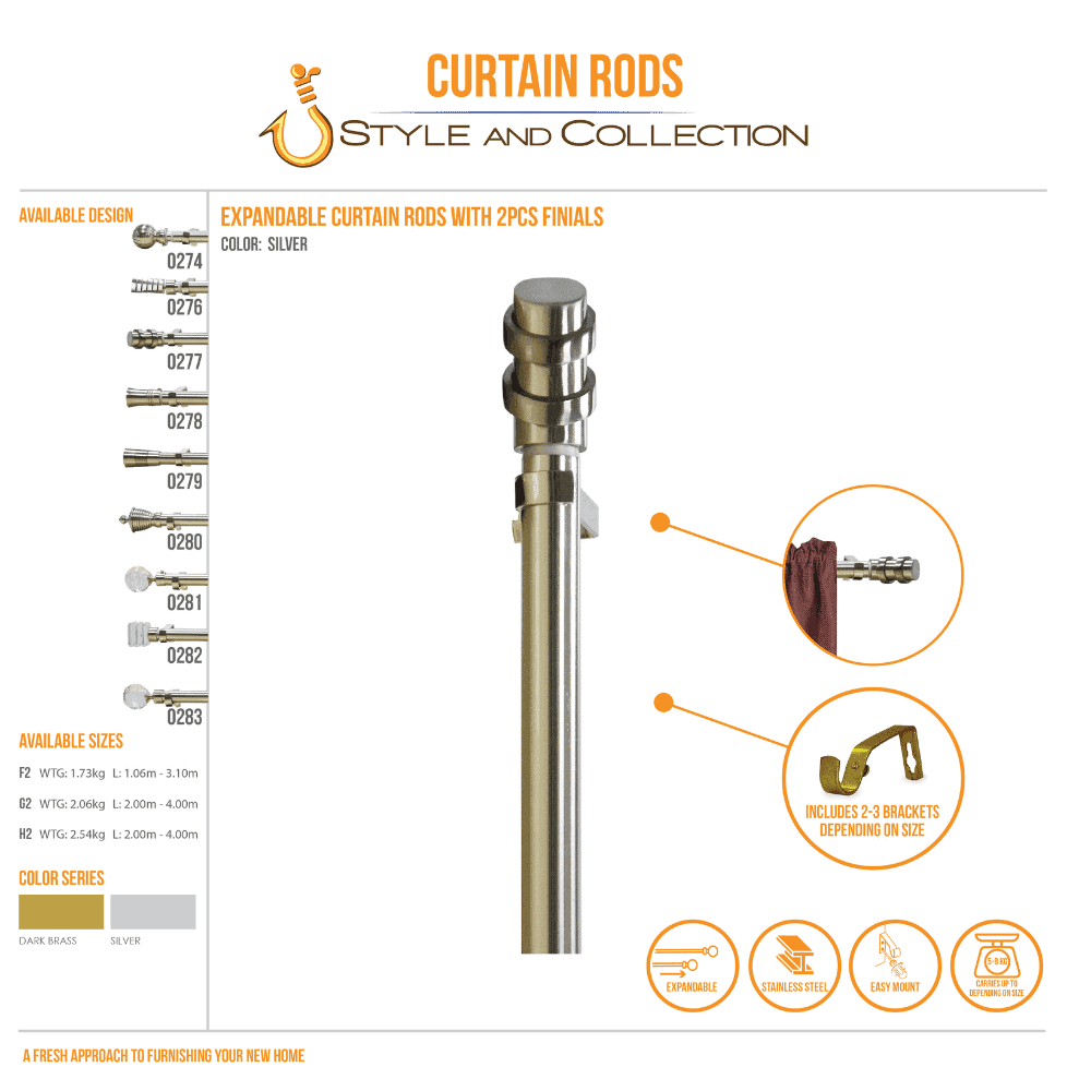 STYLE & COLLECTION Curtain Rod Electro Plated Silver 1.2m - 2.1m Jerome