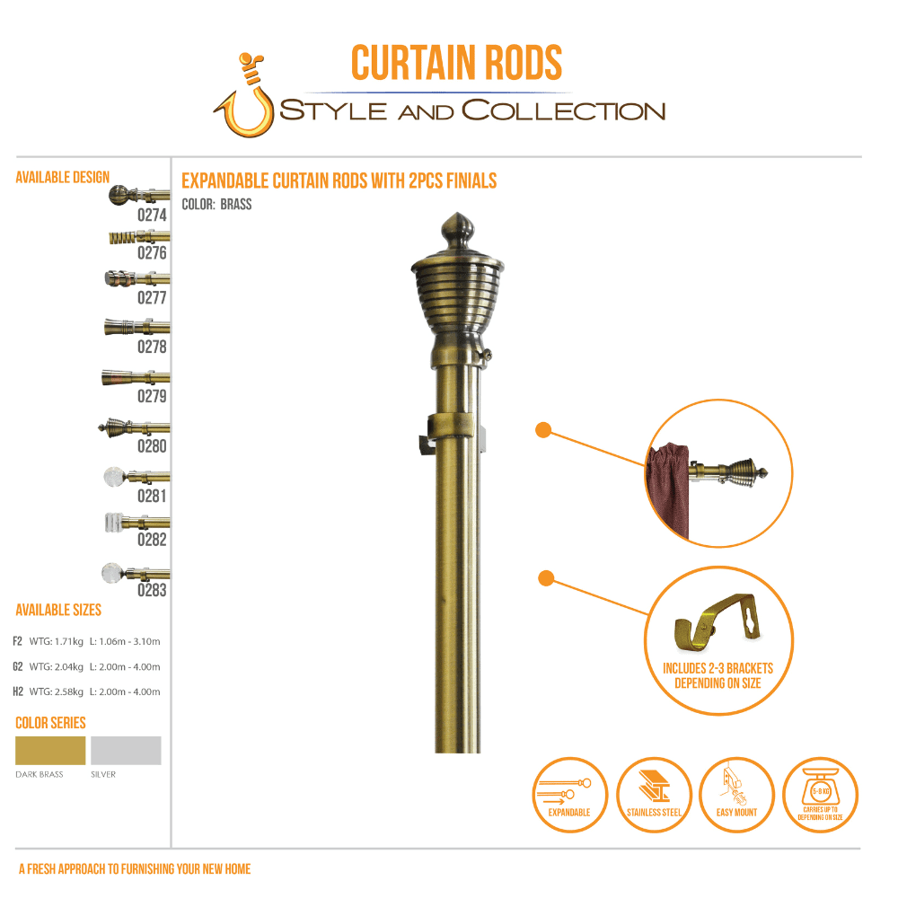 STYLE & COLLECTION Curtain Rod Electro Plated Dark Brass 1.2m - 2.1m Louise