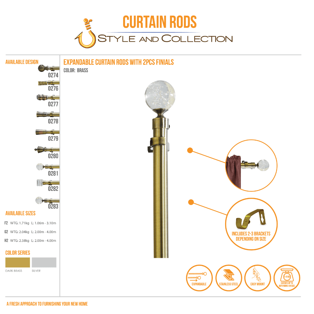 STYLE & COLLECTION Curtain Rod Electro Plated Dark Brass 1.6m - 3.1m With Round Crystal Head 
