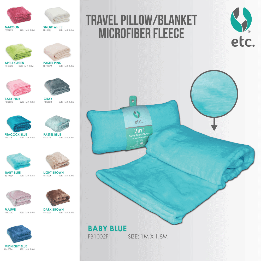 2 in 1 Travel Pillow/Blanket 1m x 1.8m Baby Blue