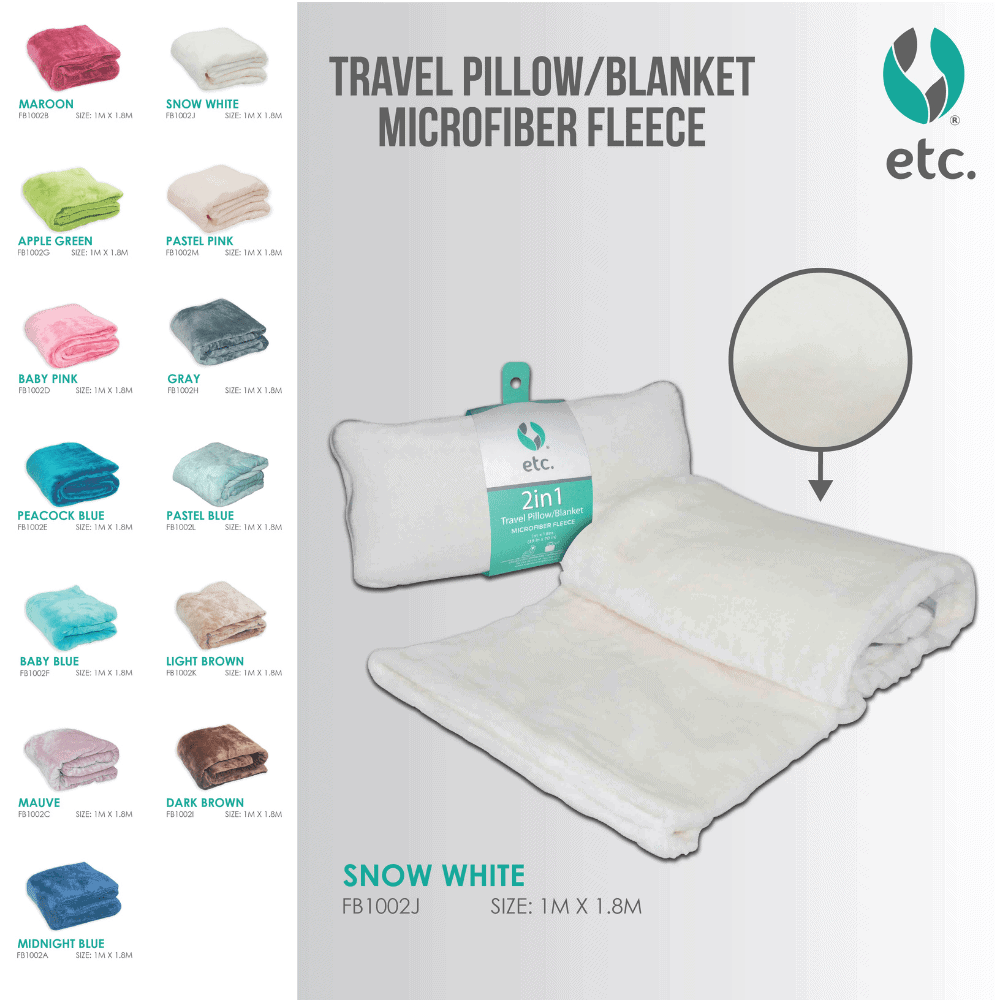 2 in 1 Travel Pillow/Blanket 1m x 1.8m Snow White
