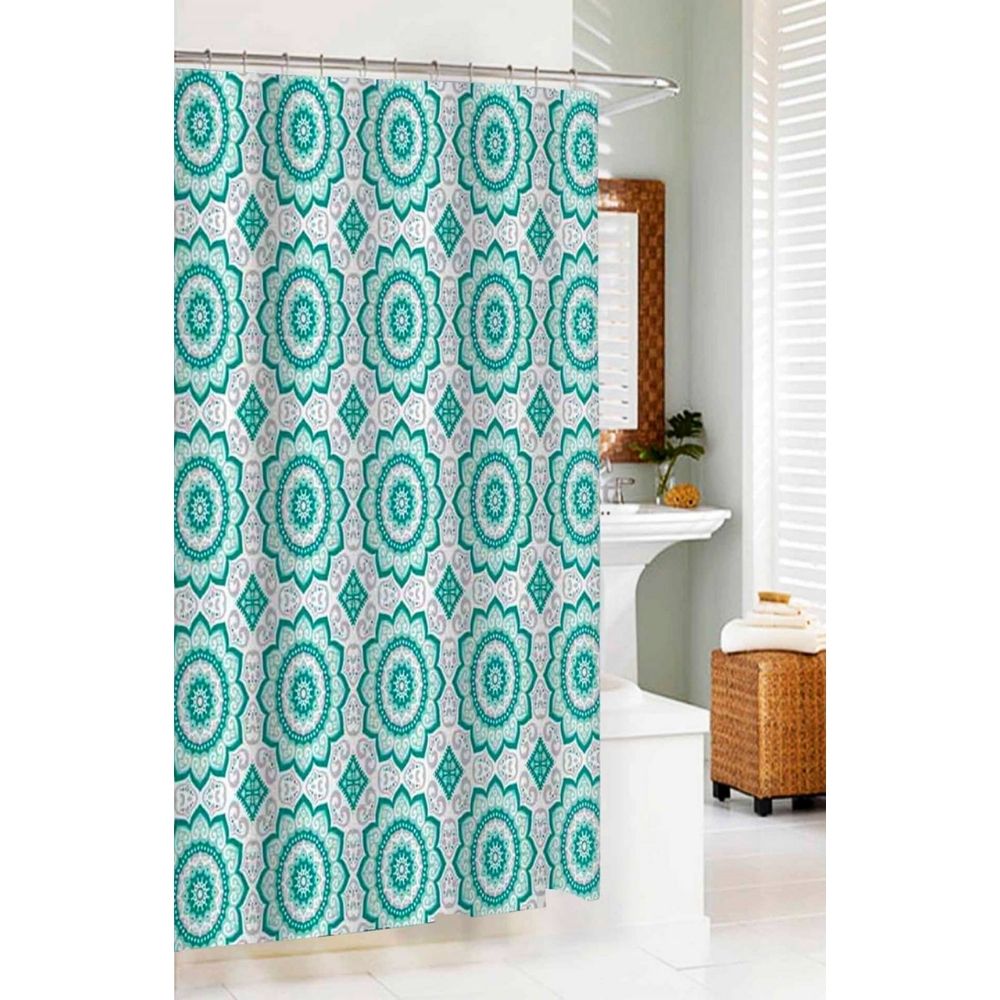 CASA BELLA Shower Curtain Peva With 12 C-Shape Rings 180cm x 180cm with Blue Floral Design 