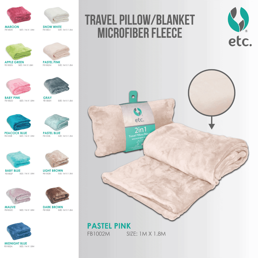 2 in 1 Travel Pillow/Blanket 1m x 1.8m Pastel Pink