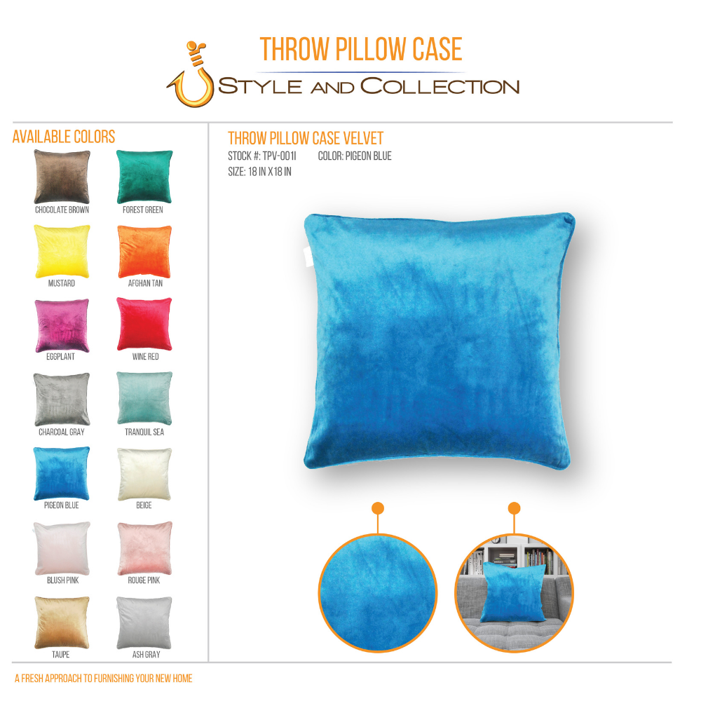 STYLE & COLLECTION Throw Pillow Case Velvet 18" x 18" Pigeon Blue 