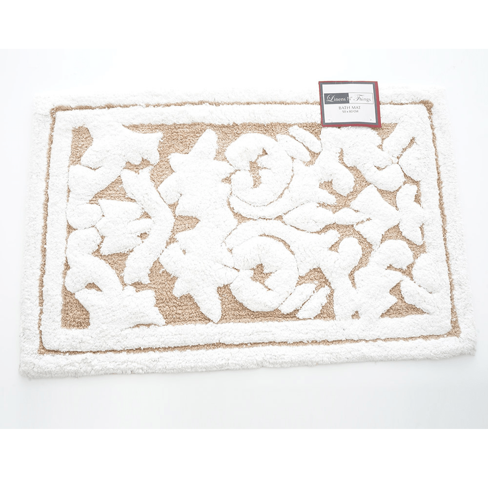 LINENS N' THINGS Cotton Bathroom Rug Beige Embossed Design With Multiple Design Variations