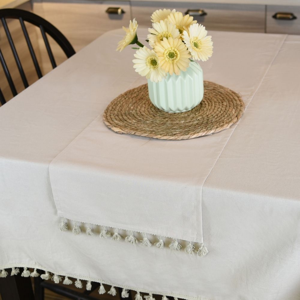 HAPPY TABLE Fabric Cotton Table Runner With Tassel Taupe With Multiple Size Variations