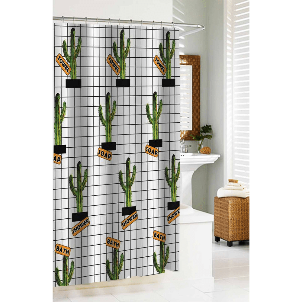 CASA BELLA Shower Curtain Polyester With 12 C-Shape Rings 180cmx180cm WIth Cactus Design