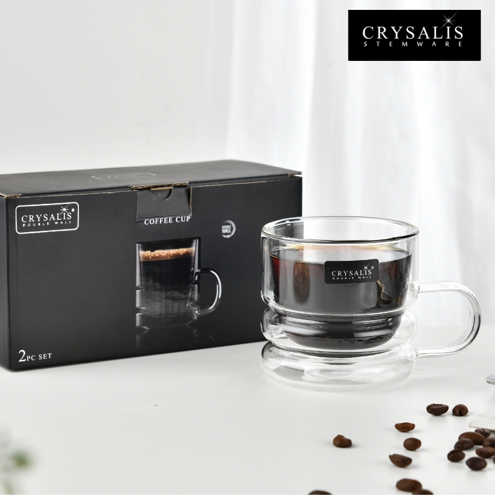 CRYSALIS Coffee Cup Double Wall Glass with Handle 280ml Set of 2