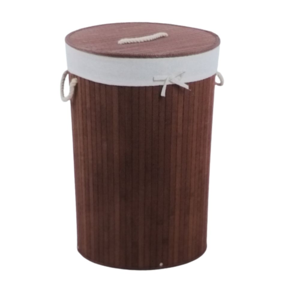 EZ SPACES Round Bamboo Hamper with Fabric Liner and Rope Handle Lid