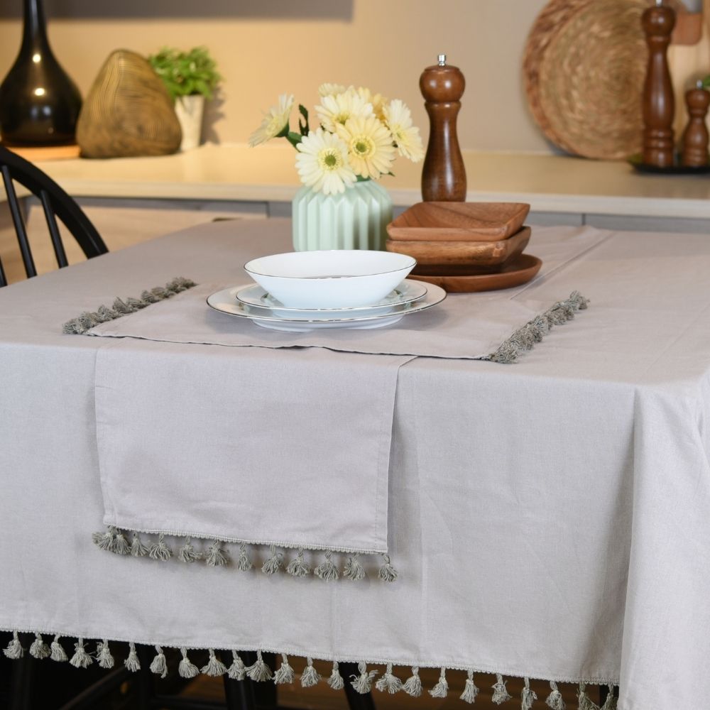 HAPPY TABLE Table Cloth With Tassel Light Gray With Multiple Size Variations