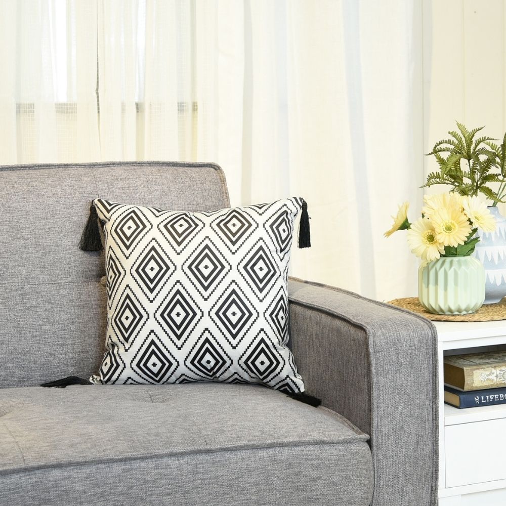 Throw Pillow Case with Tassel Diamond 17" x 17" Black And White