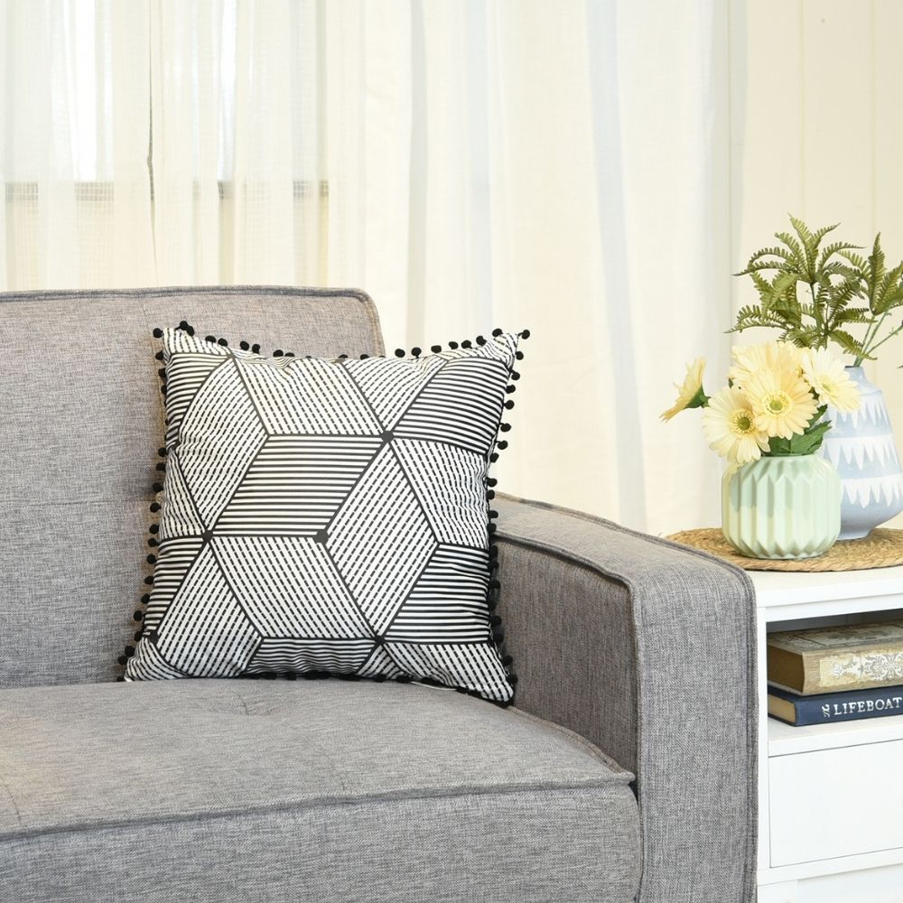 Throw Pillow Case with Tassel Chevron 17" x 17" Black And White