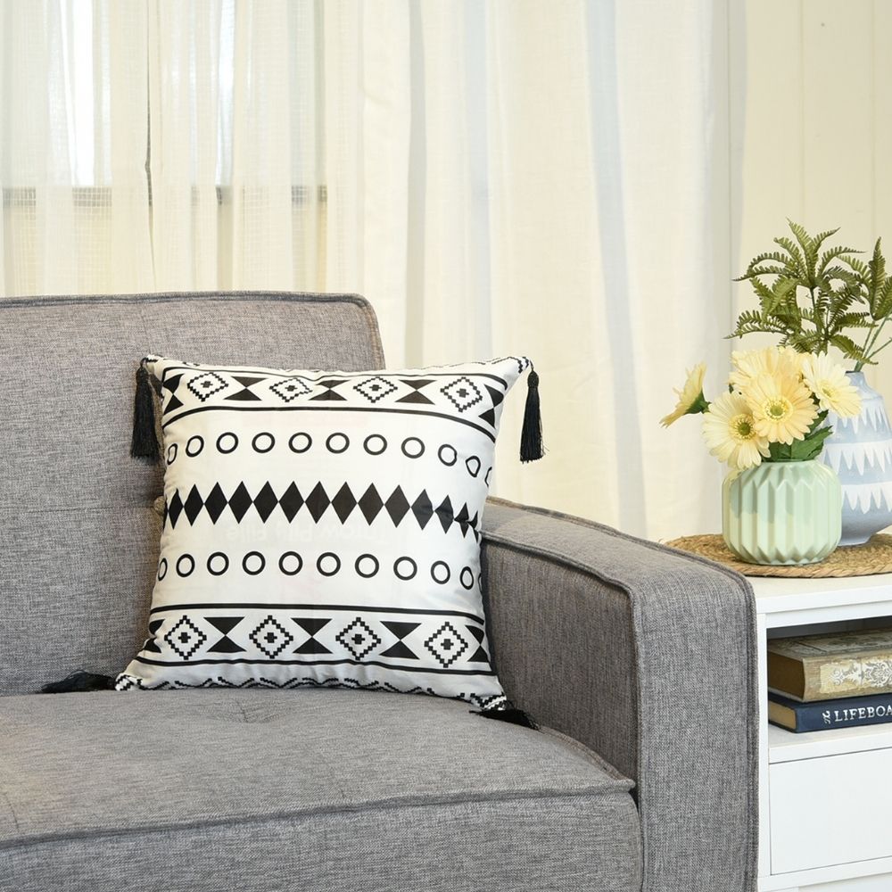 Throw Pillow Case with Tassel Circle 17" x 17" Black And White