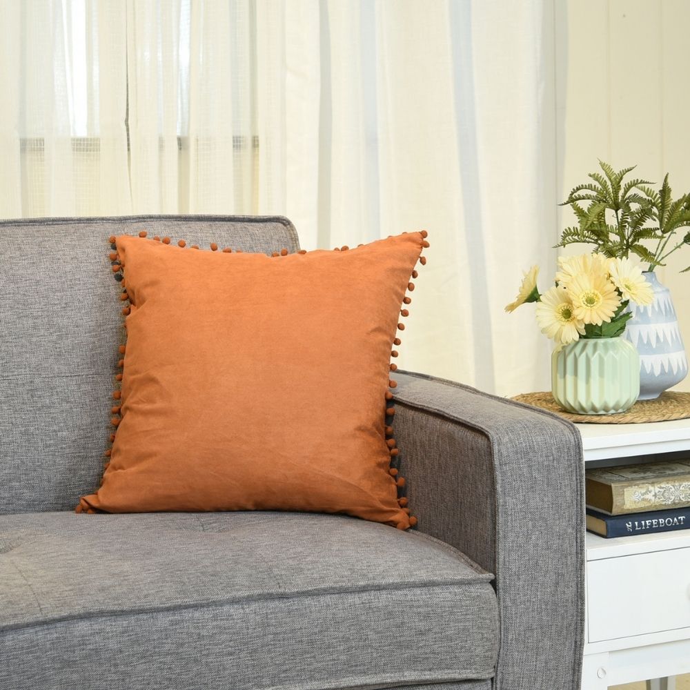 Throw Pillow Case with Pompoms 20" x 20" Brown