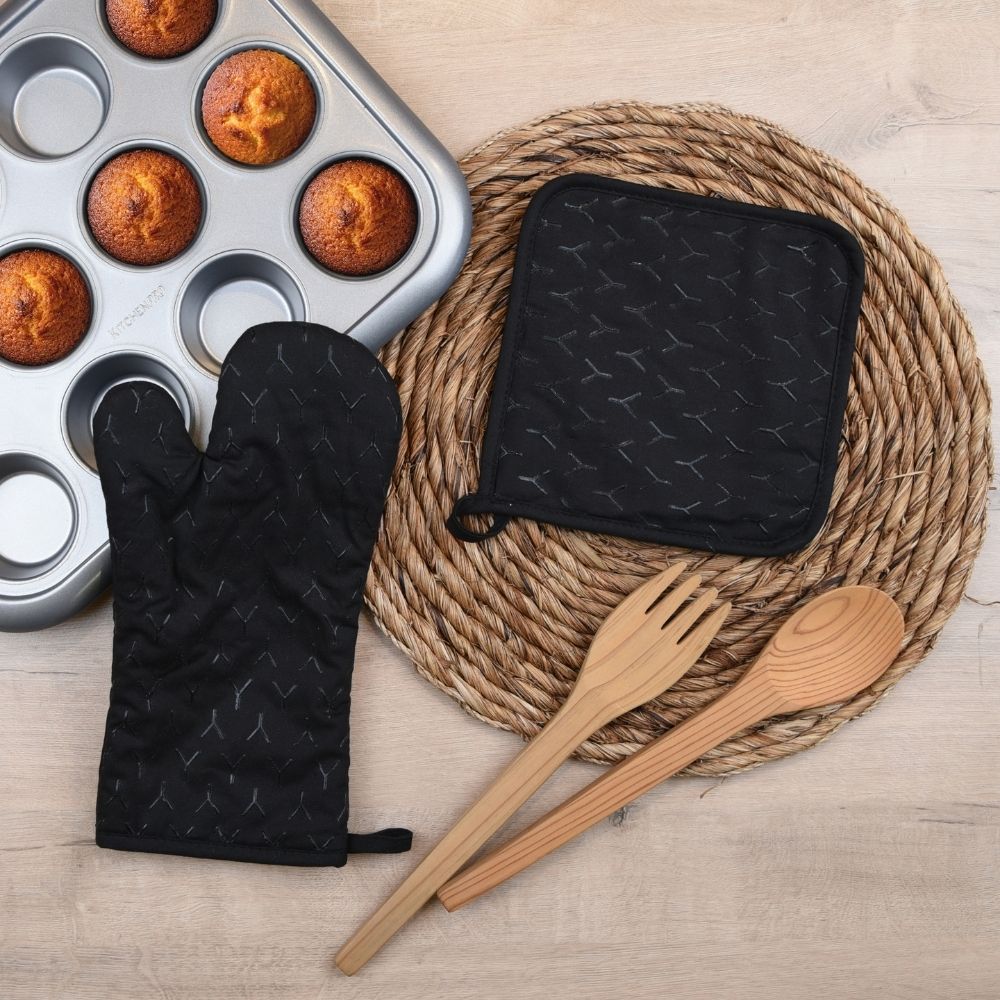 HAPPY KITCHEN Silicone Potholder and Mitten Set of 2 Black
