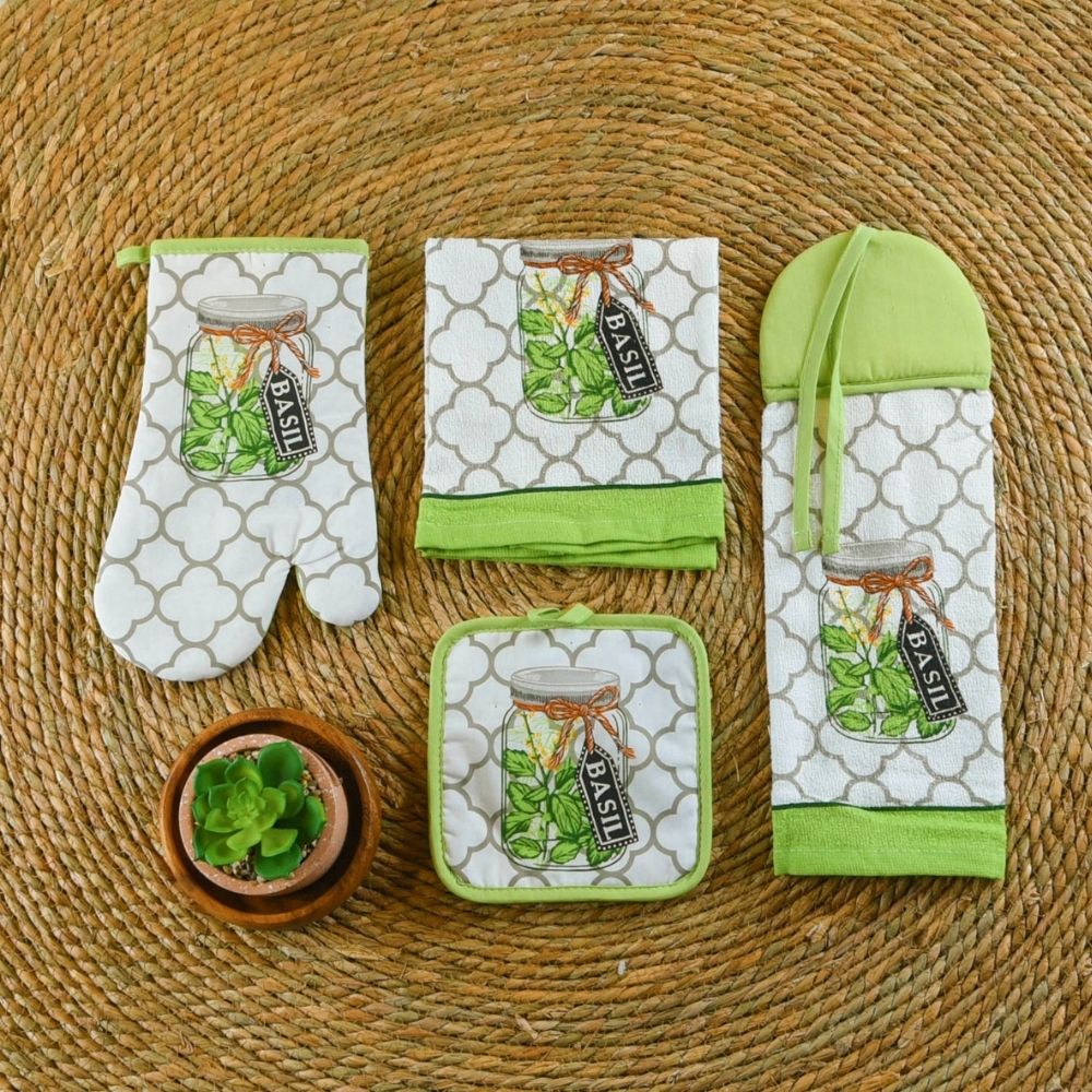 HAPPY KITCHEN Cotton Kitchen Collection Set of 4 Basil