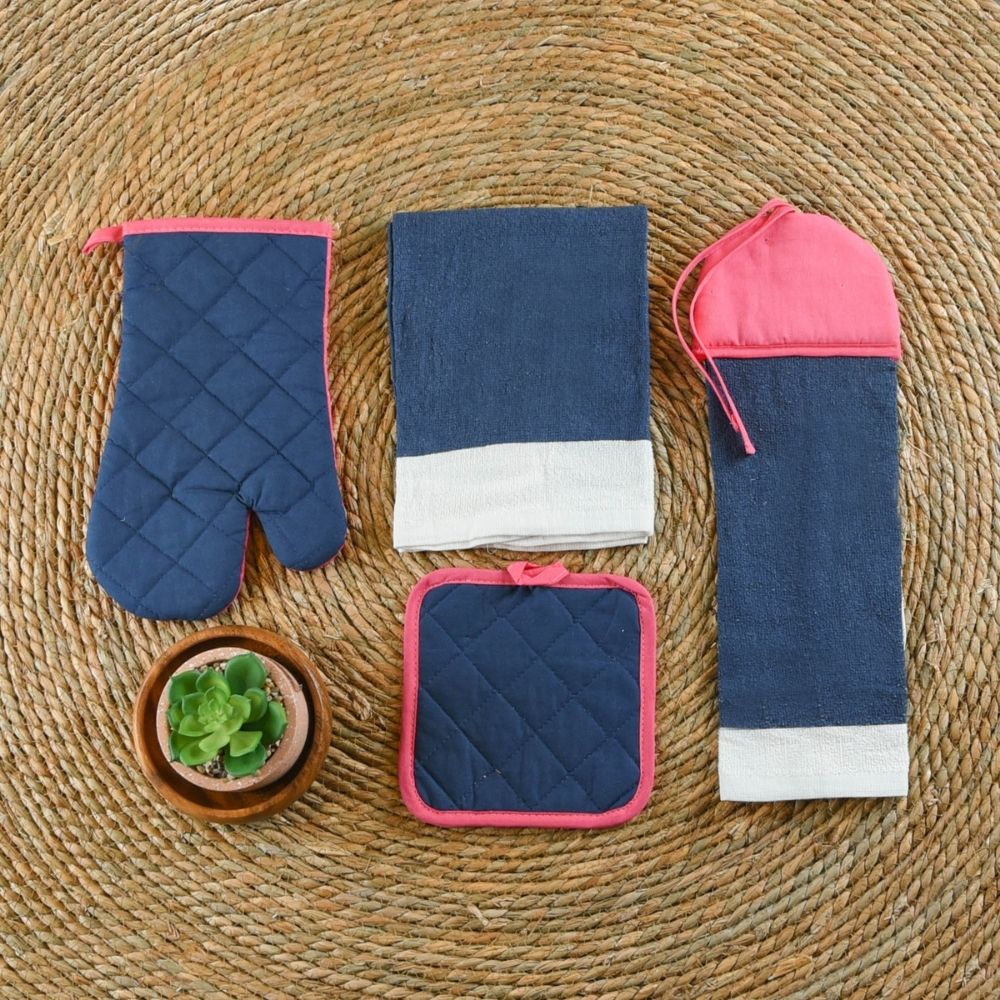 HAPPY KITCHEN Cotton Kitchen Collection Set of 4 Denim