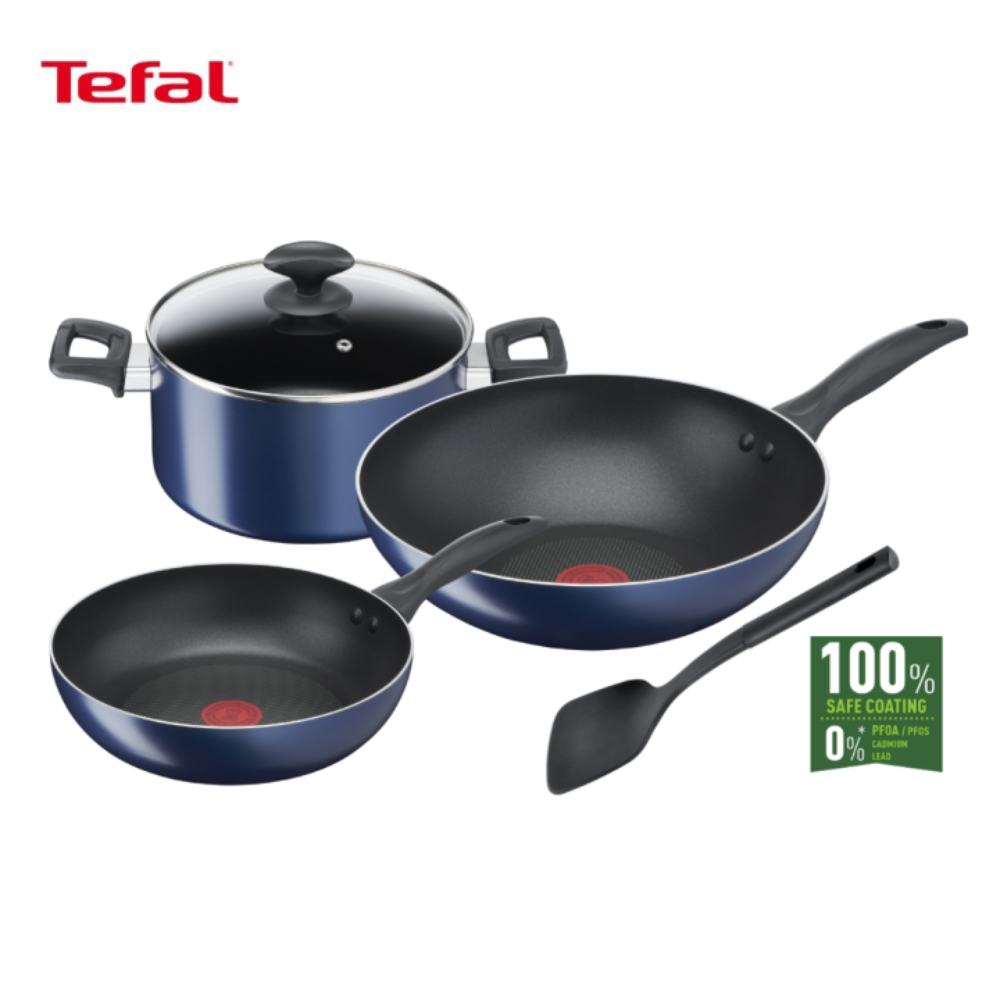 Tefal Clear Cook 5pc Set (Frypan 20 + Wok Pan 28 + Stewpot 22 + lid + Spatula) Blue