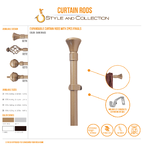 STYLE & COLLECTION Curtain Rod Single Painted Dark Brass 0.6m -1.2m 19mm Leslie