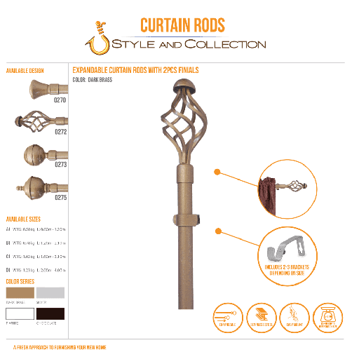 STYLE & COLLECTION Curtain Rod Single Painted Dark Brass 0.6m - 1.2m 19mm Swivel