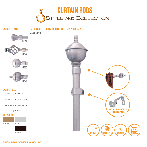 STYLE & COLLECTION Curtain Rod Single Painted Silver 0.6m - 1.2m 19mm Alvin