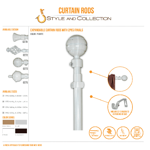 STYLE & COLLECTION Curtain Rod Single Painted White 0.6m - 1.2m With Round Head