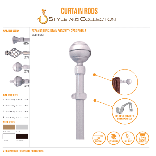 STYLE & COLLECTION Curtain Rod Single Painted Silver 1.6m - 3.1m With Round Head