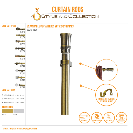 STYLE & COLLECTION Curtain Rod Electro Plated Dark Brass 1.6m - 3.1m Anna