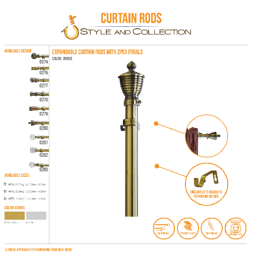 STYLE & COLLECTION Curtain Rod Electro Plated Dark Brass 1.2m - 2.1m Louise