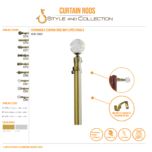 STYLE & COLLECTION Curtain Rod Electro Plated Dark Brass 1.6m - 3.1m With Round Crystal Head 