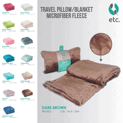 2 in 1 Travel Pillow/Blanket 1m x 1.8m Dark Brown