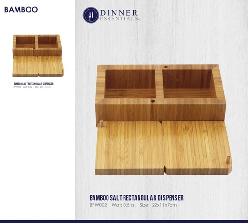 Dinner Essential Bamboo 2-Compartment Salt and Spice Box with Lid Dispenser 22X11X7cm
