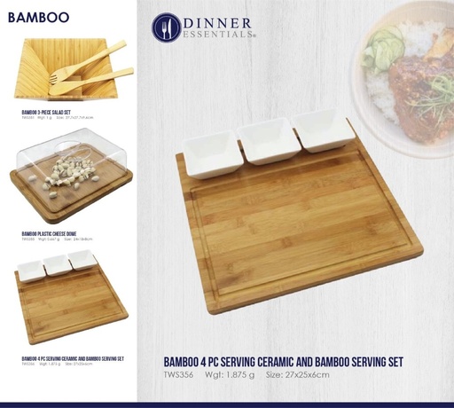 Dinner Essential Bamboo Cheese Board/Charcuterie Platter - Includes 3 Ceramic Bowls
