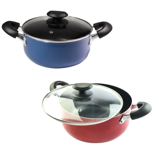 MASFLEX 3 Layer Daikin Non-Stick Coating Made in Japan Induction Casserole with Glass Cover 20cm Heat-resistant Handles & Knob Tempered Glass Lid Blue or Red