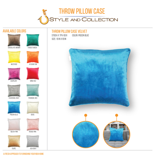 STYLE & COLLECTION Throw Pillow Case Velvet 18" x 18" Pigeon Blue 