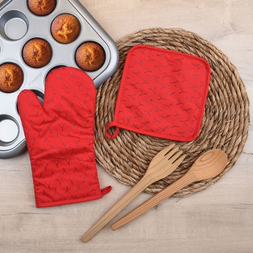 HAPPY KITCHEN Silicone Potholder and Mitten Set of 2 Red