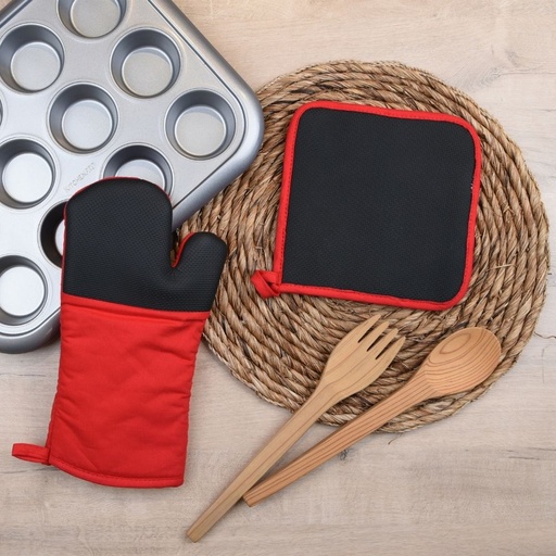 HAPPY KITCHEN Silicone Potholder and Mitten Set of 2 Black and Red