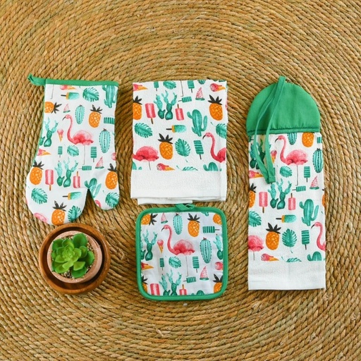 HAPPY KITCHEN Cotton Kitchen Collection Set of 4 Flamingo